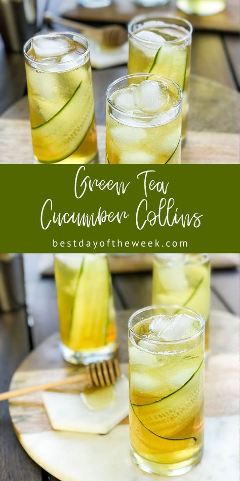 Cucumber Gin Cocktail, Cucumber Collins, Green Tea Cocktail, Easy Gin Cocktails, Tea Cocktail Recipes, Cucumber Drink, Adult Tea Party, Green Tea Drinks, Tea Cocktail