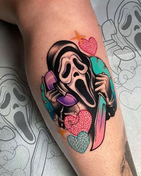 Ghost Face Tattoo, Horror Sleeve, Halloween Tattoos Sleeve, Horror Movie Tattoos, Movie Tattoo, Movie Tattoos, Scary Tattoos, Spooky Stuff, Ink Inspiration