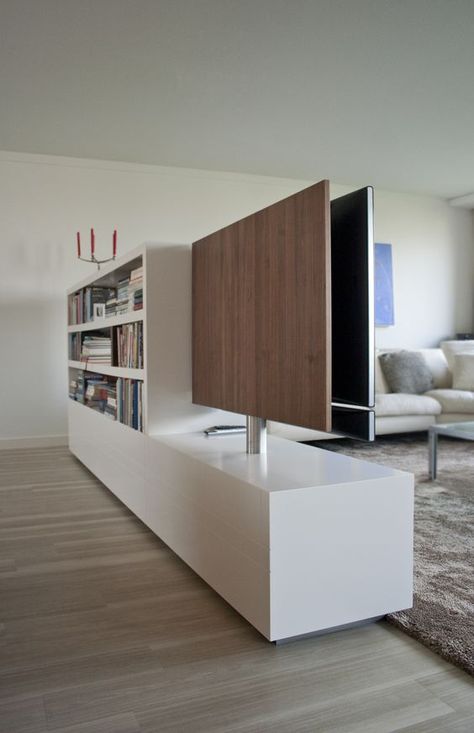 29 Hidden TV Ideas: Transform Your Living Space with These Stylish Solutions - placeideal.com Hidden Tv Ideas, Tv Stand Corner, Tv Stand Decorations, Tv Stand Room Divider, Rotating Tv, Tv Stand Living Room, Tv Stand Ideas, Interior Design Your Home, Stand Ideas