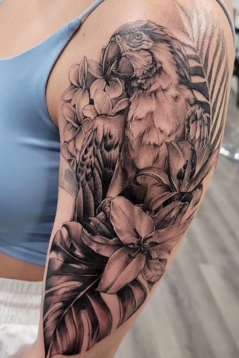 Credit to; alexandrianortiz Tropical Rainforest Tattoo, Jungle Theme Tattoo, Jungle Tattoo, Unique Tattoo Ideas, Theme Tattoo, Arm Sleeve Tattoos, Sleeve Tattoos For Women, Unique Tattoo, Word Tattoos