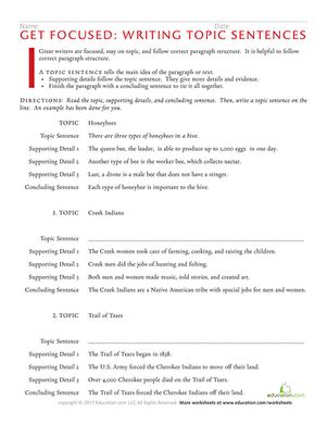 As students read the supporting details and concluding sentence for a specific topic, they will learn how to write an appropriate topic sentence. Topic Sentence And Supporting Details, Topic Sentence Worksheet, Writing Topic Sentences, Informational Writing Graphic Organizer, Paragraph Writing Worksheets, Sentence Worksheet, Paragraph Structure, Sentences Worksheet, Sensory Words