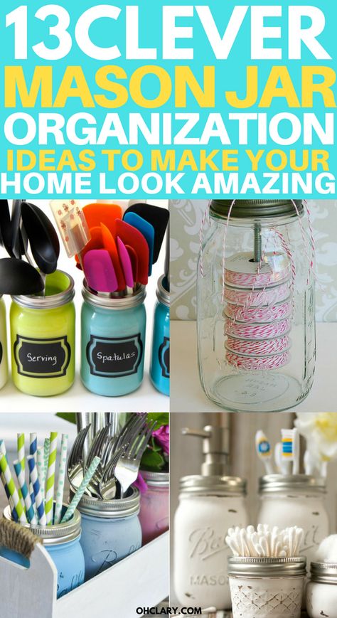 13 Incredible Mason Jar Organizer Ideas That Will Simplify Your Life Jar Organization, Mason Jar Organizer, Diy Makeup Organizer, Organization Hacks Diy, Mason Jar Organization, Desk Organization Diy, Mason Jar Bathroom, Mason Jar Projects, Organizer Ideas