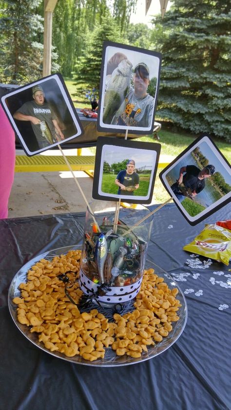 Graduation Party Table Centerpieces, School Centerpieces, High School Grad Party, Fish Centerpiece, Fishing Theme Party, Graduation Party Table, Graduation Table Decorations, Senior Graduation Party, Fishing Birthday Party