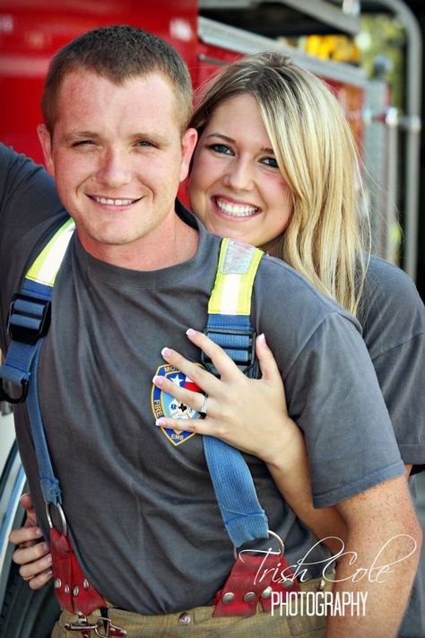 Fire Dept Engagement Pictures, Firefighter Wedding Theme, Fireman Engagement Photos, Fire Department Engagement Photos, Firehouse Engagement Photos, Firefighter Couple Pictures, Firefighter Engagement Pictures, Firefighter Couple, Fireman Wedding