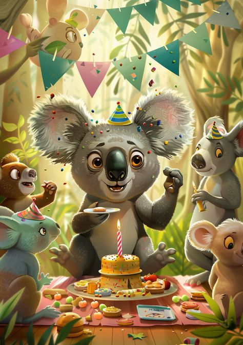 Distant view of a koala at his birthday party surrounded by various animals, cartoon style --ar 70:99 Koala Pictures, Animals Cartoon, Cartoon Style, Cartoon Styles, Koala, Birthday Party, Birthday, Animals, Quick Saves