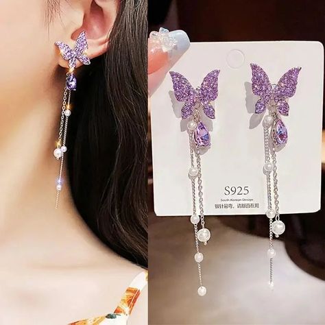 📍 Needle Crystal Butterfly Tassel Earrings 925 Silver😍💗💫 👉🏻To order through 📌the website:https://www.jewelglamour.com/collections/earrings/products/925-silver-needle-crystal-butterfly-tassel-earrings-for-women-jewelry-korean-fashion-fairy-zircon-drop-earrings-2024-trending-z4 📌 For more info WhatsApp: +44 7460 779657 📌Facebook: https://www.facebook.com/profile.php?id=61556939033801 📌 Instagram : https://www.instagram.com/official.jewelglamour/ #jewelry #jewellery #jewelrylover #jeweller... Womens Jewelry Trends, Needle Earrings, Engagement Earrings, Long Tassel Earrings, Pattern Animal, Ear Rings, Trendy Earrings, Earring Type, Purple Butterfly