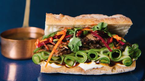 Tender beef and crisp pickled vegetables come together in this take on the traditional Vietnamese banh mi. Mary Berg, Beef Dip, Food Network Chefs, Bahn Mi, Pulled Beef, Homemade Sandwich, Beef Burgers, Banh Mi, New Cookbooks