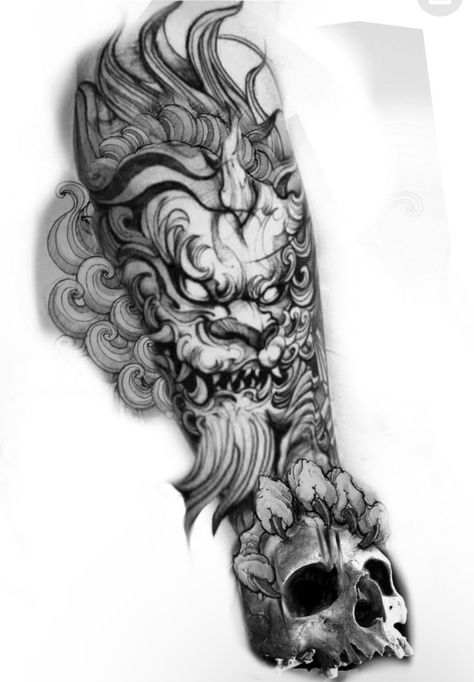 Susanoo Tattoo Japanese Mythology, Dragon And Lion Tattoo, Guys Leg Tattoos, Foo Lion Tattoo, Tattoos For Guys Leg, Half And Full Sleeve Tattoos, Foo Dog Tattoo Design, Mangas Tattoo, Foo Dog Tattoo