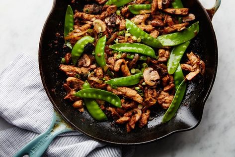 Stir Fried Chicken withBlack Beans- Mark Bittman / Photo by Chelsea Kyle, Food Styling by Rhoda Boone Chicken With Black Beans, Milk Street Recipes, Decadent Dinner, Street Recipes, Black Bean Recipes, Milk Street, One Pot Dinners, Chicken Marinade, Snow Peas