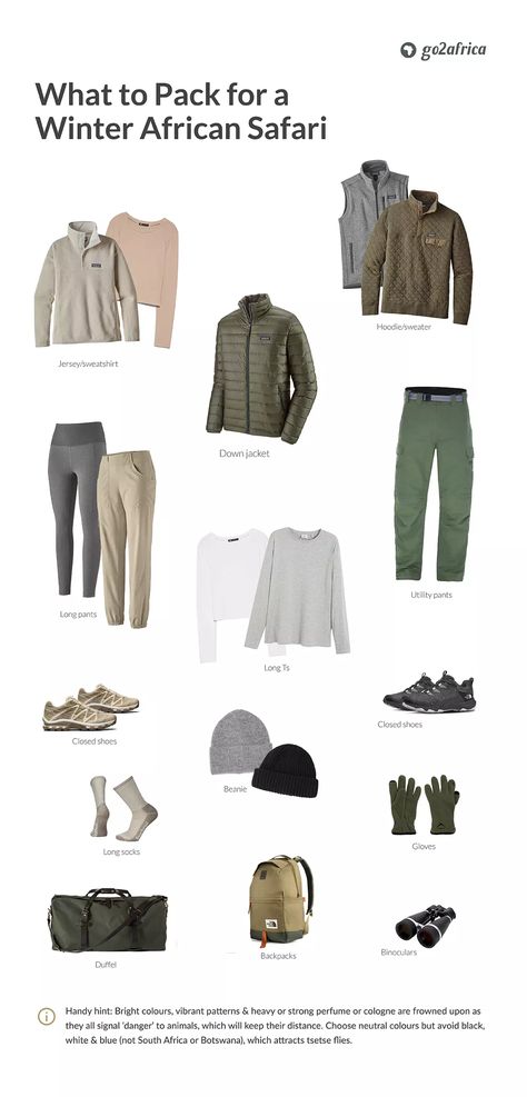 [Infographic]: What to pack for an African Safari | Go2Africa Safari Holiday Outfit, Safari Travel Outfit, South Africa Winter Outfit, South Africa Packing List Winter, Safari Winter Outfit, Safari Winter Outfit Women, Men’s Safari Outfit, Winter Safari Outfits, South Africa Safari Outfit