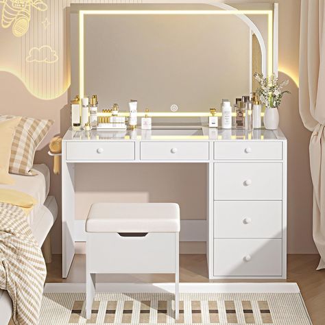 PRICES MAY VARY. Wood 【Makeup Vanity with Mirror and Lights】 This makeup vanity desk, which is more safe and beautiful than common bulbs. The sensitive touch buttons allow the vanity with mirror to easily adjust 3 lighting effects. Whether it is daytime makeup, nighttime skin care or selfies, it can adapt to the appropriate light and clearly restore your beauty. 【Visible Desktop Design】Vanity desk tabletop is designed in acrylic, offering a sleek and modern aesthetic as well as added durability Stool For Bedroom, Vanity Inspo, Wood Makeup Vanity, Lights Makeup, Vanity Desk With Mirror, Desk With Mirror, Daytime Makeup, Mirrored Vanity Desk, Vanity Benches