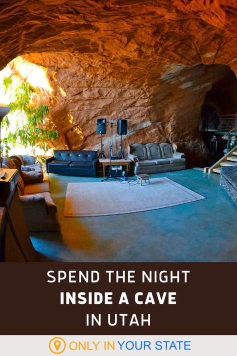 Looking for a unique vacation or overnight adventure? Travel to this beautiful cave home in Utah. Peaceful + remote with beautiful scenery and all the amenities you need, the AirBnB includes 2 bedrooms, a private bath, balcony, + kitchen. You can add a private chef or farm tours to your stay for a luxury or romantic getaway. You'll be surrounded by nature and near waterfalls, petrified forests and the Grand Staircase-Escalante National Monument| Travel with family & friends | Honeymoon | Unique Vacation Ideas, Utah Vacation Ideas, Escalante Utah, Utah Hiking, Travel Utah, Unique Vacation Rentals, Utah Trip, Cave Hotel, Utah Vacation