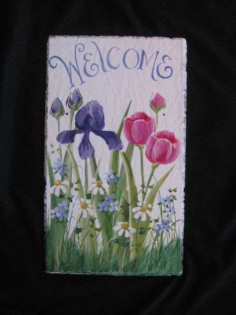 Slate Welcome Signs | Hand Painted Welcome Sign - Slate Plaque with Iris and Tulips - Free ... Painting On Slate Ideas Free Images, Painting On Slate Ideas, Mosaic Bricks, Playhouse Sign, Slate Projects, Painted Welcome Sign, Slate Ideas, Brick Painting, Painted Blocks