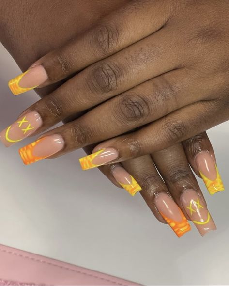 Orange And Yellow Tip Nails, Hot Orange French Tip Nails, Yellow Orange French Tip Nails, White French Tip With Orange Design, Bright Orange French Tip, Orange And Yellow Nail Designs, Yellow French Tips, Yellow Nail Designs, Yellow French