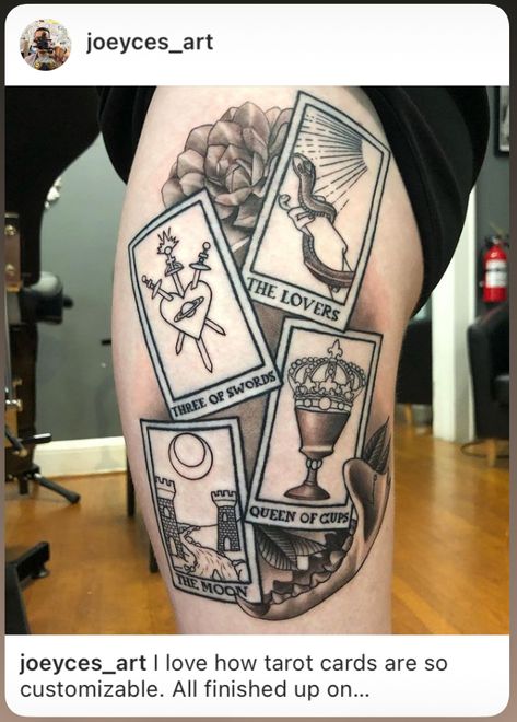 the lovers, three of swords, queen of cups, the moon, succulent, & mink jawbone tattoo on thigh King Of Cups Tattoo, Heart With Three Swords Tattoo, Queen Of Cups Tattoo, Jawbone Tattoo, Queen Of Swords Tattoo, 3 Of Swords Tattoo, Three Of Swords Tattoo, Tarot Cards Tattoo, Swords Tattoo