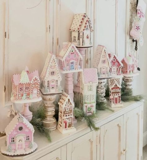 Pastel Christmas Mantle, Christmas Decor Ideas Pastel Colors, Pastel Gingerbread House Decor, Pastel Christmas Bedroom, Pastel Christmas Decor Ideas, Ceramic Village, Whimsical Crafts, Pastel Christmas Decor, Cody Foster