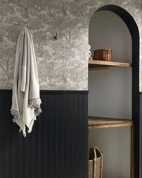 Moody Powder Room With Wallpaper, Dark Bathroom With Wallpaper, Moody Wallpaper Powder Room, Grey Wallpaper Bathroom, Moody Bathroom With White Tile, Moody Gray Bathroom, Powder Room Wall Tile, Dark Wall Bathroom, Dark Wallpaper Bathroom