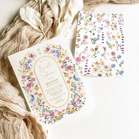 Summer Flower Wedding, Bridal Shower Boho, Garden Bridal Shower Invitations, Wildflower Wedding Theme, Romantic Bridal Shower, Floral Garden Party, Colorful Wildflowers, Colorful Wedding Invitations, Garden Bridal Showers