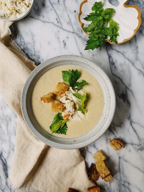 Celery and crab make for a perfect pair in this simple but oh-so-comforting soup finished with homemade sourdough croutons. Get the recipe at HannahBerryMakes.com Erin French, Sourdough Croutons, How To Make Croutons, Lost Kitchen, Cream Of Celery, Homemade Sourdough, Fall Soup Recipes, Dungeness Crab, Cream Of Celery Soup