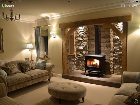 Lovely Inglenook Fireplace Ideas, Wood Burning Stoves Living Room, Log Burner Living Room, Cottage Fireplace, Wood Stove Fireplace, Inglenook Fireplace, Cottage Living Rooms, Cosy Living Room, Cottage Interiors