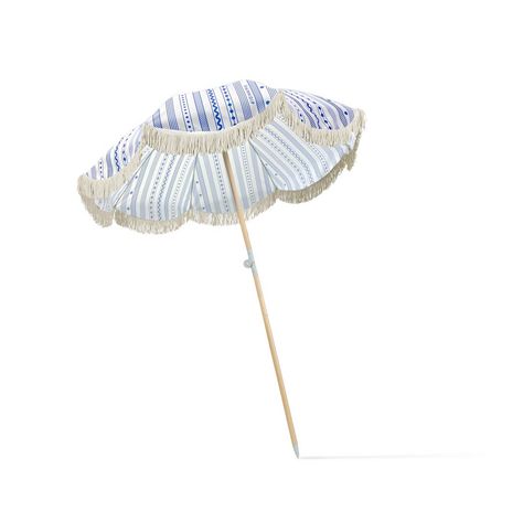 Designed in Chicago by Emily Vaca of La Vaca, the NAUTICAL STRIPES Minnidip Beach Umbrella of the limited-edition, Target-exclusive Resort Collection turns your backyard or beach hangout into a chic resort destination. At 6.5 feet wide and 7ft tall, and featuring a scalloped edge with fringe trim, the Minnidip Beach Umbrella can be tilted as the sun moves across the sky so you can relax under it's shade all day and watch the fringe sway in the breeze. Dip Dip Hooray! Summer Study, Santorini Blue, Modern Nautical, Beach Cabana, Beach Items, Umbrella Designs, Nautical Stripes, Sun Umbrella, Coastal Chic