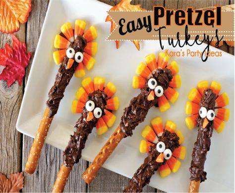 Easy Thanksgiving Candy Recipe | Thanksgiving Pretzel Turkey's | Kara's Party Ideas #thanksgiving2017 #thanksgivingfood #thanksgivingcandy #thanksgivingkids #kidsthanksgiving #kidsthanksgivingactivities #turkey #turkeypretzels #thanksgivingtreats Thanksgiving Goodie Bag, Thanksgiving Activities For Kindergarten, Turkey Treats, Pretzel Rods, Thanksgiving Treats, Happy Thanksgiving Quotes, Thanksgiving Kids, Thanksgiving Feast, Chocolate Covered Pretzels