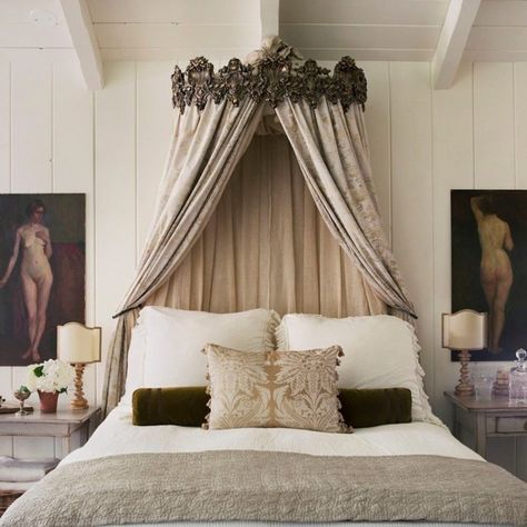 19 Dramatic Bedrooms | The Study Curtain Over Bed, Canopy Over Bed, Dramatic Bedroom, Bed Drapes, French Ideas, Bed Crown Canopy, Patina Style, Bed Crown, Classy Bedroom