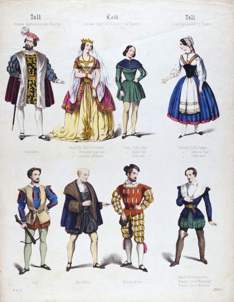 Coloured print of costume design for Gioacchino Rossini's opera William Tell, 19th century England Costume, Victorian Theatre, Culture Of England, Italian Costume, Classical Opera, Medieval Era, Victorian England, Dnd Campaign, 18th Century Costume