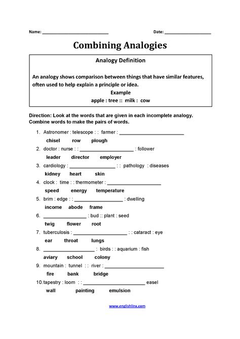 Englishlinx.com | Analogy Worksheets English Excercise, Analogies Worksheet, Adult Worksheets, Word Analogies, Third Grade Worksheets, Verbal Reasoning, 6th Grade Worksheets, 5th Grade Worksheets, Cognitive Activities