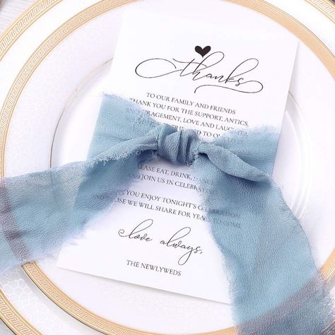 Doris Home Wedding Thank You Place Setting Cards with Dusty Blue Chiffon Ribbons, 4x6 Print to add to your Table Centerpieces and Wedding Decorations   Pack of 50 Reception Table Place Settings, Blue Place Settings, Blue Fall Wedding, Blue Table Settings, Place Setting Cards, Blue Wedding Decorations, Simple Wedding Decorations, Reception Table Decorations, Blue Napkins