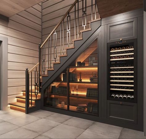 Wine Room Under Staircase, Stair Wine Cellar, Living Room Under Stairs, Understairs Ideas, Staircase In Living Room, Bar Under Stairs, Under Stairs Wine Cellar, تحت الدرج, Hiasan Dalaman Rumah