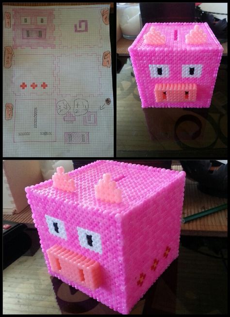 Piggy bank box perler beads pig homemade Piggy Bank Perler Beads, Perler Bead Piggy Bank, Perler 3d, Piggy Bank Diy, Pattern Bank, Easy Perler Beads Ideas, 3d Perler Bead, Bead Organization, Beads Designs