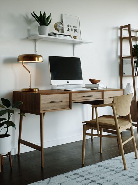 MidCentury Home Office on Behance Workspace Minimalist, Home Office Vintage, Desks Ideas, Mid Century Modern Home Office, Feminine Home Offices, Midcentury Home, Small Home Office, Workspace Design, Design Del Prodotto