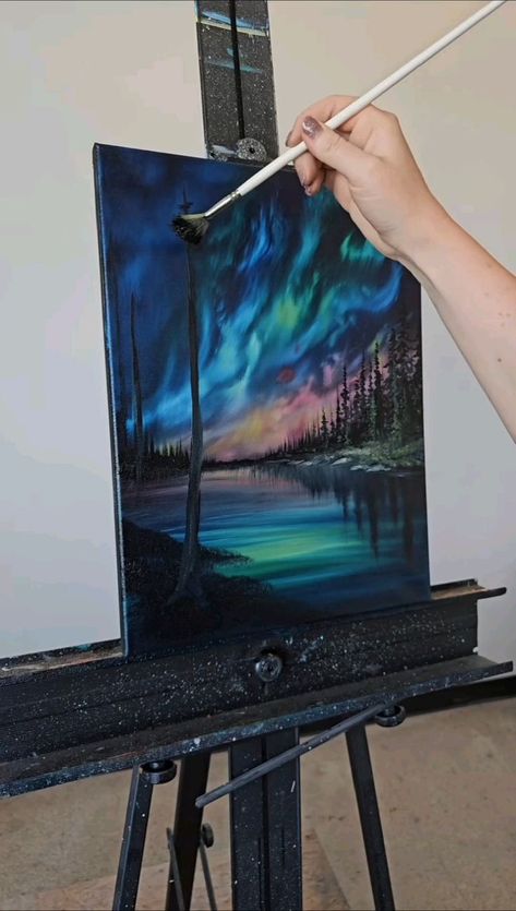 Aurora Sky Painting, Tree Of Life Acrylic Painting, Aurora Acrylic Painting, Oil Painting Landscape Beginners, Aurora Painting Acrylic, Blending Acrylic Paint On Canvas, Aurora Painting, Paint On Canvas For Beginners, Watercolor Landscape Tutorial