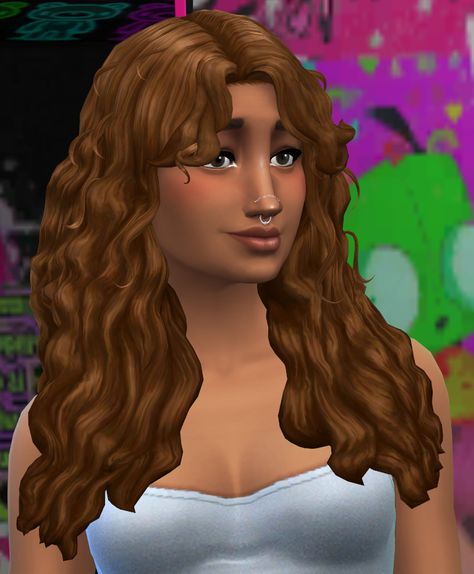 a sim from the sims 4 with shoulder-length, wavy/curly hair with bangs (custom content) Curly Hair With Bangs Sims 4 Cc, Sims 4 Curly Hair With Bangs, Sims Curly Hair, Wavy Curly Hair With Bangs, Sims 4 Curly Hair, Curly Hair Fringe, Curly Fringe, Side Bangs Hairstyles, Wavy Hairstyles Medium