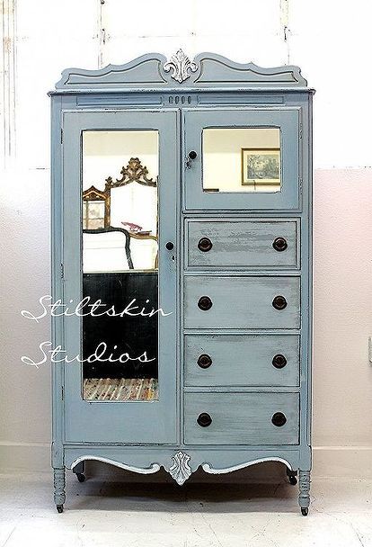 new life for a old chifferobe, painted furniture, The finished product Blue Bedroom Black Furniture, Bedroom Black Furniture, Blue Armoire, Light Blue Bedroom, Greenish Grey, Painting Wooden Furniture, Shabby Chic Dresser, Wicker Decor, Furniture Rehab