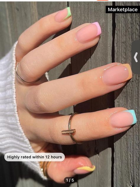 Cute Summer Nail Designs French Tip, Short Nails For Summer 2024, Summer French Nails Square, Nails Design Square Short, Short French Nails Color Tips, Rounded Square Nails Designs, Nail Inso Short Nails Simple, Nail Designs Summer Square, Colorful French Tip Nails Square