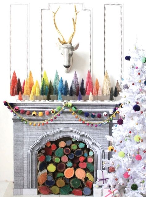 christmas decor Brush Christmas Tree, Retro Christmas Decorations, Rainbows Christmas, Christmas Tree Set, Christmas Mantel, Christmas Mantels, The Fireplace, Deco Floral, Christmas Love