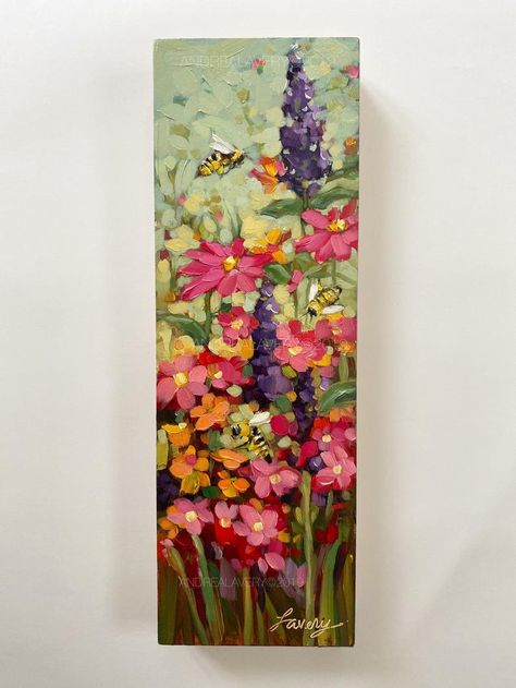 Mosaic Bees, Andrea Lavery, Social Painting, Oil Flowers, Long Painting, Hang Artwork, Bee Painting, Canvas Art Projects, Ground Level