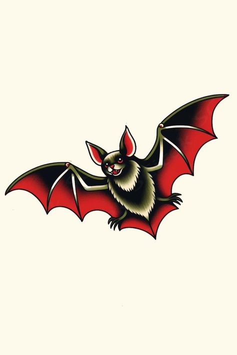 Ever wonder what lurks in the night? Discover Their Meaning: Bat tattoos offer a glimpse into the realm of creatures that thrive in darkness, symbolizing mystery and survival. BONUS INFORMATION: They're emblems of the unseen forces that shape our world. Delve into the mystery with us.  ... daha fazla Traditional Style Bat Tattoo, American Traditional Animals, Animal Traditional Tattoo, Bat Traditional Tattoo, Trad Bat Tattoo, American Traditional Bat Tattoo, Traditional Bat Tattoo, Meaning Aesthetic, Bat Tattoos