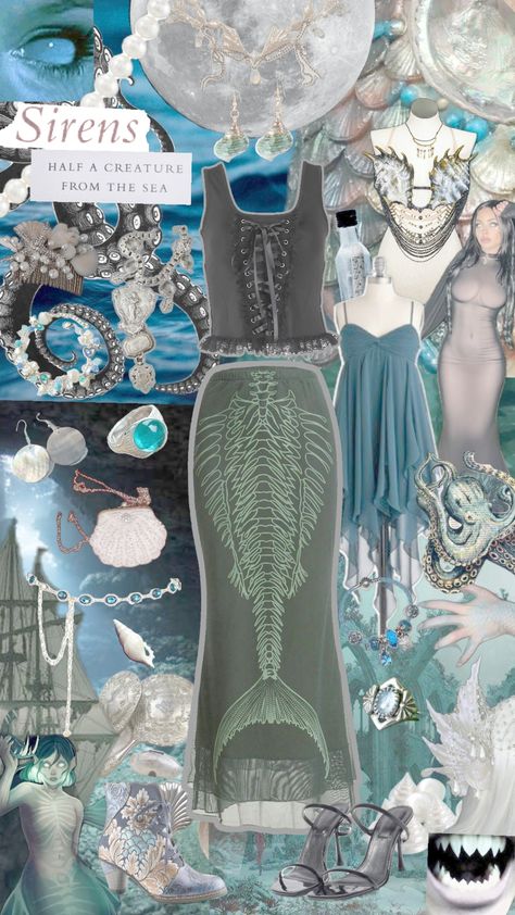 siren outfit 🐚🌊🫧🐡 - - - #ocean #oceanaesthetic #gothic #goth #siren #sirenaesthetic #mermaid #sea #seashells #outfit #outfitcheck #outfitinspo #outfitinspiration #skirt #shirt #purse #earrings #jewelry #shoes #heels #boots #skelleton #mythical #mythology #halloween #rings #collages #aesthetic Siren Jewelry, Collages Aesthetic, Goth Mermaid, Halloween Rings, Siren Outfit, Straight Eyebrows, Easy Diy Clothes, Almond Eyes, Clear Winter