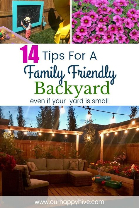 Make the most of your summer by creating a fun space for kids and adults in your own backyard. Check out this post for tips to make your backyard, weather big or small, a fun and inviting place for your family. | family fun | backyard activities | small yard | family memories | backyard for kids | #smallbackyard #kidfriendlybackyard #ourhappyhive Family Friendly Backyard, Small Yard Kids, Kid Friendly Backyard, Outdoor Chalkboard, Fun Backyard, Space For Kids, Backyard Ideas For Small Yards, Backyard Activities, Family Backyard