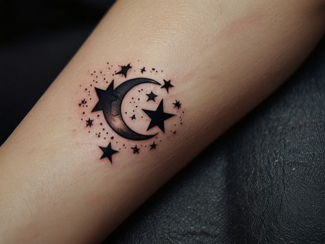 Moon Tattoo girly three stars small family 3 Moon And Stars Tattoo Arm, Stars Tattoo Arm, Character Tattoo Ideas, Moon And Stars Tattoo, Small Character, Image Prompts, Stars Tattoo, Three Star, Star Tattoos