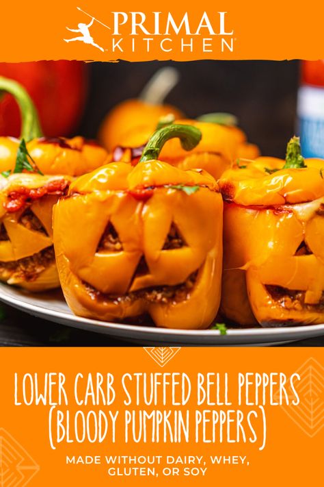 Pumpkin Peppers, Halloween Stuffed Peppers, Spooky Dinner, Vegan Stuffed Peppers, Themed Dinner, Bell Pepper Recipes, Cheese Stuffed Peppers, Primal Kitchen, Halloween Dinner