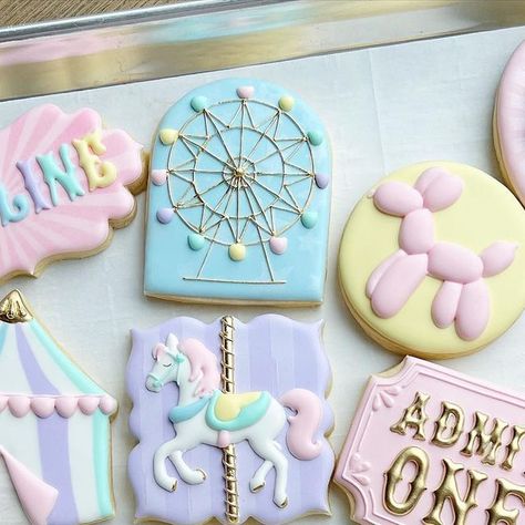 Utah Custom Royal Icing Cookies on Instagram: "Pastel carnival themed cookies for a cute first birthday! And oh my goodness the party details were to die for!!! 🍿🍭🎪🎟🎡🎠 . . . #cookies #royalicing #royalicingcookies #victoriascookiecompany #customsugarcookies #sugarcookies #utahcustomcookies #utahbaker #utahroyalicingcookies #decoratedcookies #cookieart #satisfying #mouthwatering #baking #cookiedecorating #utahcookies #cookieartist #birthdaycookies #eventcookies #cookiesofinstagram #utahcoun Carnival Birthday Party Cookies, Circus Tent Cookies Decorated, Fair First Birthday Party, Carnival Birthday Cookies, Circus Decorated Cookies, Carnival Theme Cookies Decorated, Carnival Birthday Party Pastel, Sweet Shop Birthday Party, Carnival Cookies Decorated