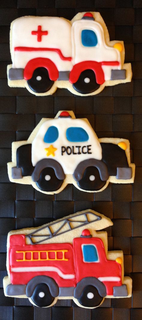 Ambulance Police Firetruck Decorated Cookies (Emergency Vehicles) Ambulance Party Ideas, Police Fireman Birthday Party, Emergency Services Birthday Party, Emergency Vehicles Birthday Cake, Rescue Birthday Party Ideas, Rescue Vehicle Birthday Cake, Police Fire Ambulance Birthday Party, Emergency Vehicles Cake, Police Car Cookies