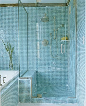 Beautiful tile! Glass Tile Shower, Blue Glass Tile, Blue Mosaic Tile, Pretty Bathrooms, Seaside Style, Spa Like Bathroom, Bad Inspiration, Bathroom Redo, Glass Shower Doors