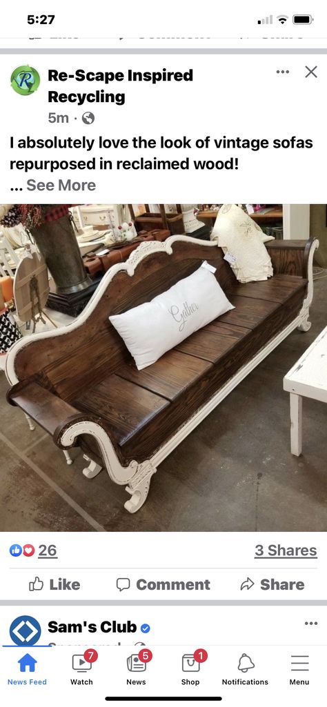 Old Couch Makeover Diy, Repurposed Couch, Antique Couches, Benches Entryway, Bohemian Loft, Fabrication Design, Couch Makeover, Wooden Couch, Ranch Furniture