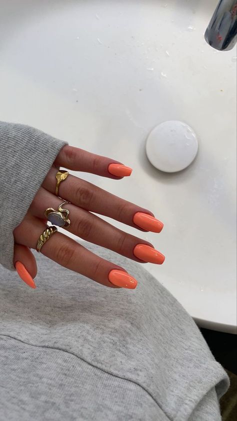 Orange coral nails🧡💗 -  #Coral #Nails #Orange Orange Nails Coffin Short, Vacation Nails One Color, Orange Nail Inspo Coffin, Solid Color Nails Orange, Mail Inspo Orange, Orange Nails Oval Shape, Spring Break Nail Ideas Coffin, Bright Orange Square Nails, Plain Orange Nails Acrylic