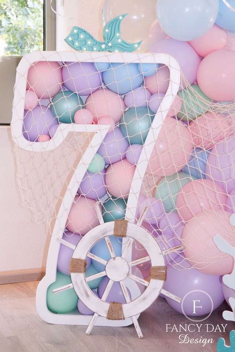 Mermaid Birthday Balloon Ideas, Mermaid Party Balloons, Mermaid Birthday Balloons, Mermaid Backdrop Ideas, Mermaid Birthday Party Backdrop, Simple Mermaid Decor Birthday, Mermaid Theme Party Decorations, Pastel Mermaid Party, Mermaid Theme Balloons